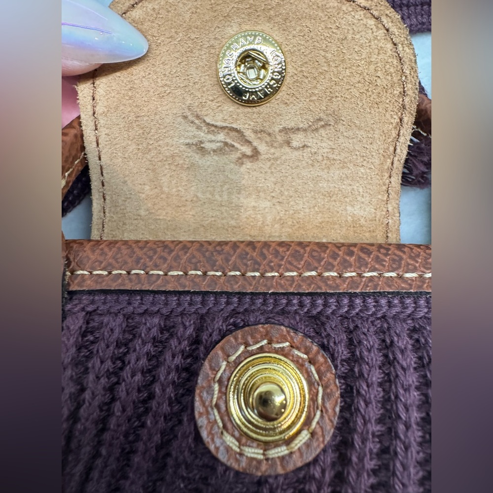 Longchamp Burgundy Crochet Net Crossbody Bag with Brown Leather Trim MINI - Picture 5 of 7